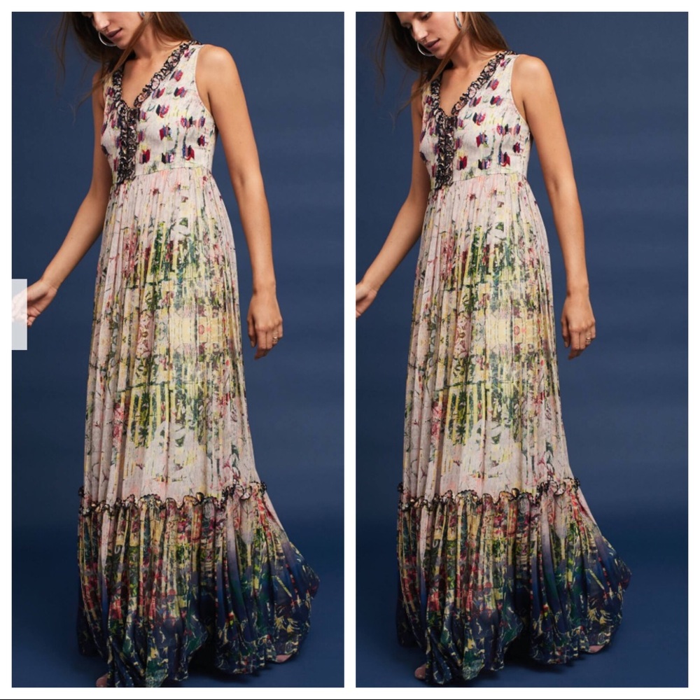 Anthropologie Floral Maxi Dress in Cream, Green, Navy